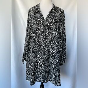Catherines Button Keyhole Tie Short Sleeve Collared Tunic‎ Black / White Size 3X